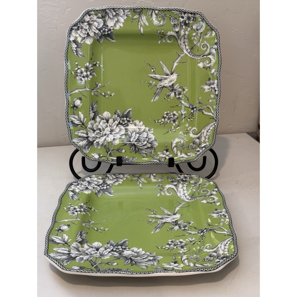 222 Fifth Adelaide Sage Green Dinner Plates Set Of 2 Bird Floral Design 11"